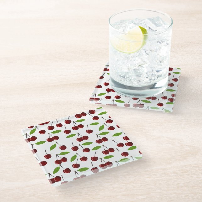 Red Cherry, Pattern Of Cherries, Leaves, Fruit Glass Coaster (Angled)