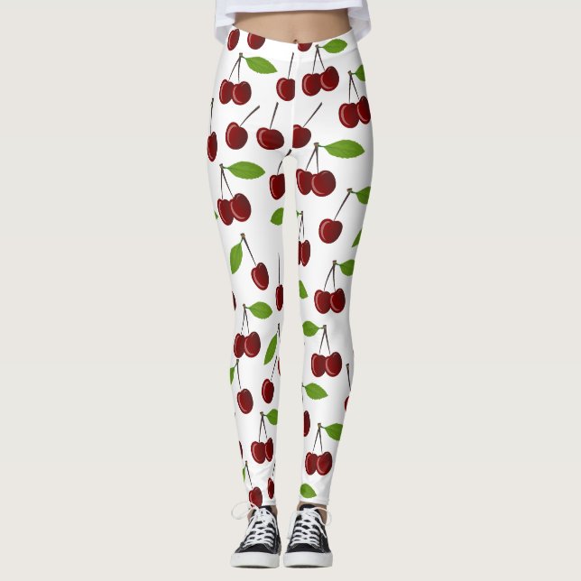 Red Cherry, Pattern Of Cherries, Leaves, Fruit Leggings (Front)