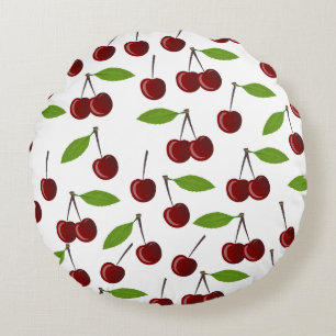 Red Cherry, Pattern Of Cherries, Leaves, Fruit Round Cushion