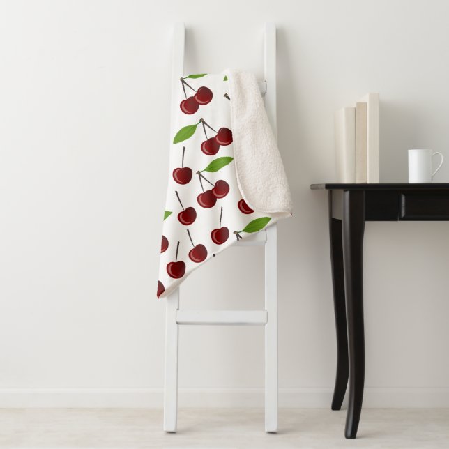 Red Cherry, Pattern Of Cherries, Leaves, Fruit Sherpa Blanket (In Situ)