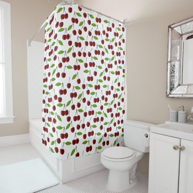 Red Cherry, Pattern Of Cherries, Leaves, Fruit Shower Curtain (In Situ)