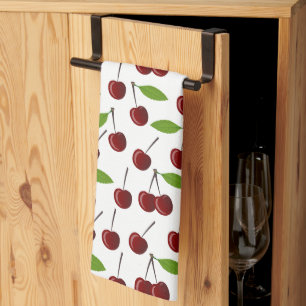 Red Cherry, Pattern Of Cherries, Leaves, Fruit Tea Towel