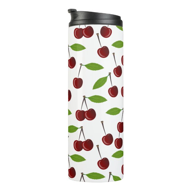 Red Cherry, Pattern Of Cherries, Leaves, Fruit Thermal Tumbler (Rotated Right)