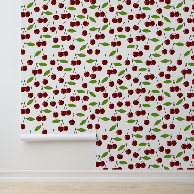 Red Cherry, Pattern Of Cherries, Leaves, Fruit Wallpaper (Application)