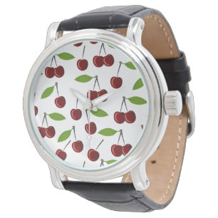 Red Cherry, Pattern Of Cherries, Leaves, Fruit Watch
