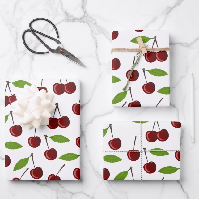 Red Cherry, Pattern Of Cherries, Leaves, Fruit Wrapping Paper Sheet (Front)