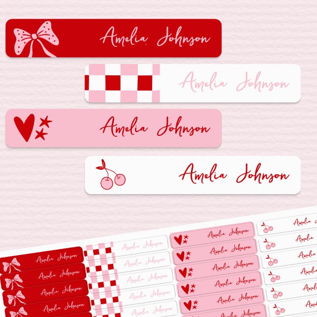 Red Cherry & Pink Bows Waterproof Kids Name (Waterproof kids name labels with coquette cherries & bow and pink & red checkerboard pattern.)