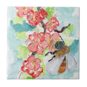 Red Cherry Tree Blossoms and Bee Ceramic Tile