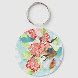 Red Cherry Tree Blossoms and Bee Key Ring