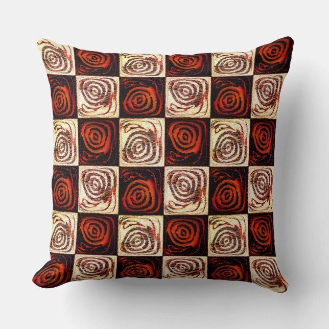 Red chess with circles and rustic mosaic effect cushion (Front)