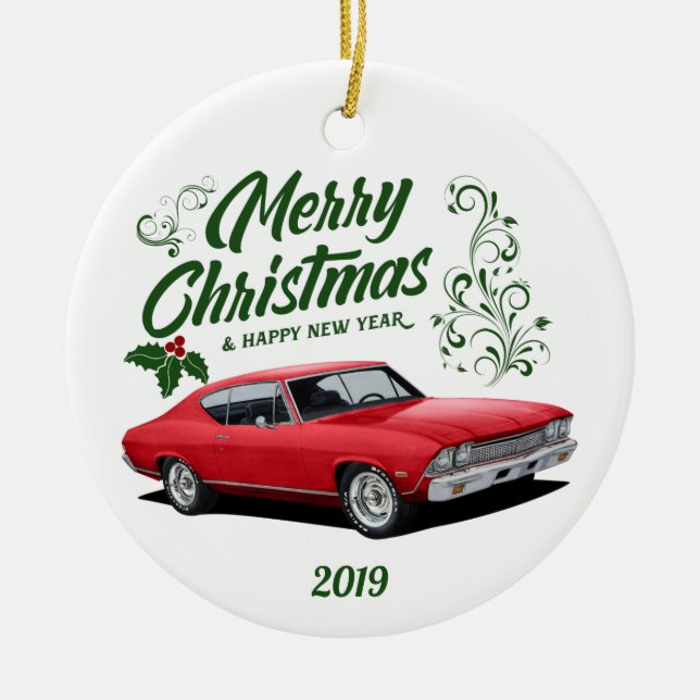 Red Chevelle Muscle Car Christmas Ceramic Ornament (Front)