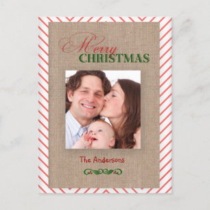 Red Chevron and Burlap Christmas Photo Card