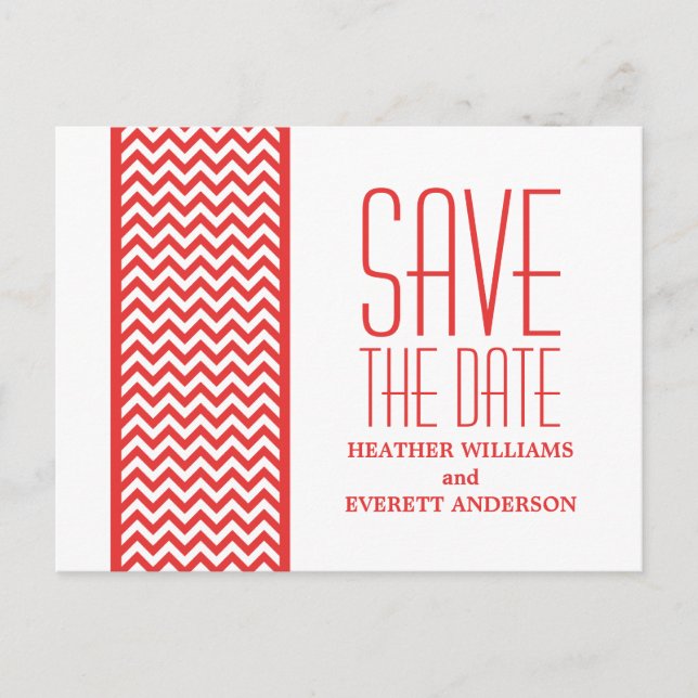 Red Chevron Border Save the Date Postcard (Front)