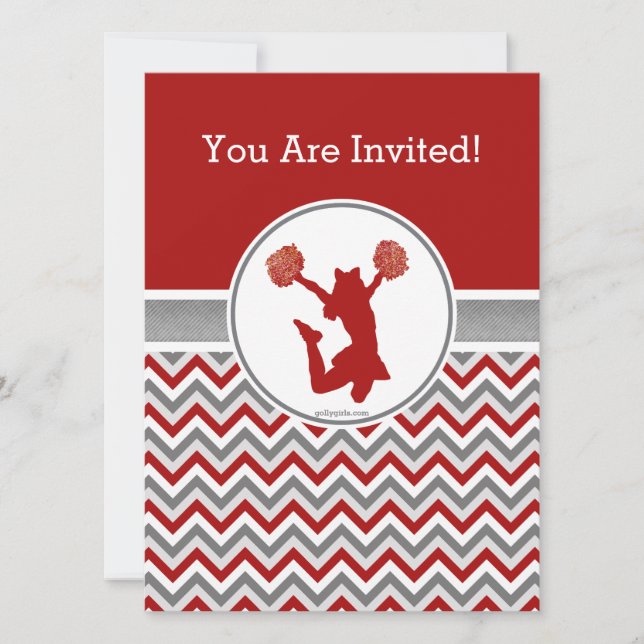 Red Chevron Cheer or Pom Party Invitation (Front)