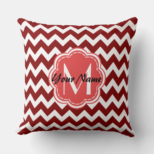 Red Chevron Floral Monogram, Personalised Name Cushion (Front)