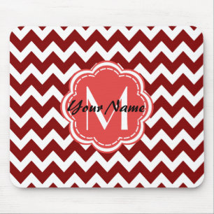 Red Chevron Floral Monogram, Personalised Name Mouse Pad