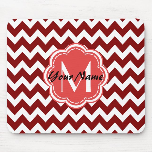 Red Chevron Floral Monogram, Personalised Name Mouse Pad (Front)
