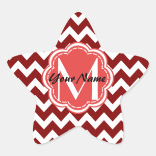 Red Chevron Floral Monogram, Personalised Name Star Sticker