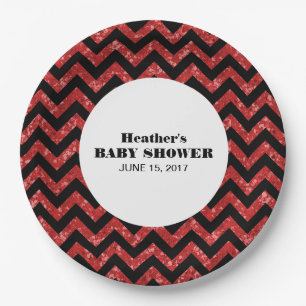 Red Chevron Glitter Baby Shower Paper Plates