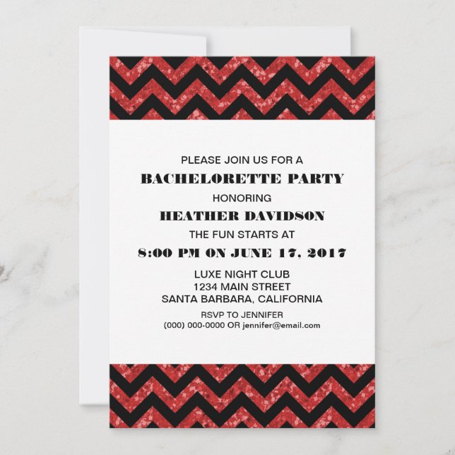 Red Chevron Glitter Bachelorette Party Invitation (Front)