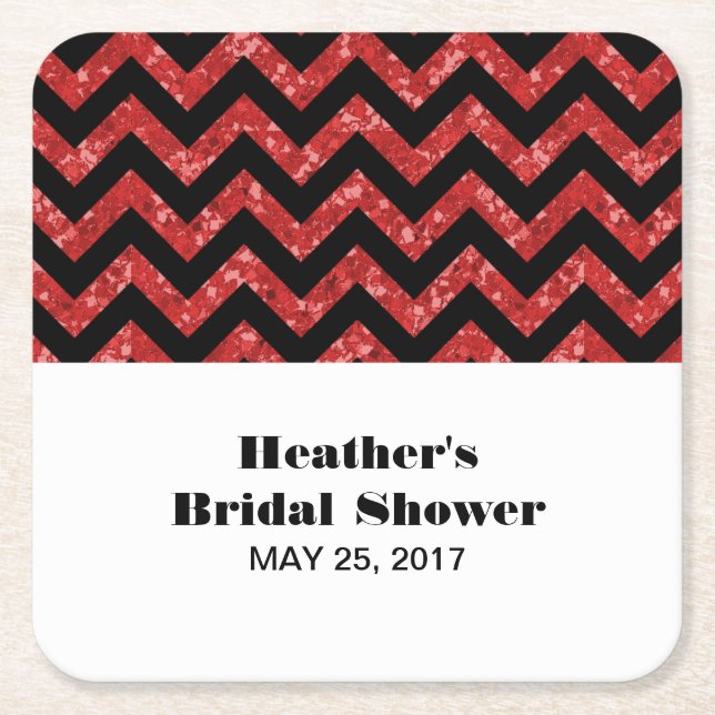 Red Chevron Glitter Bridal Shower Coasters (Front)