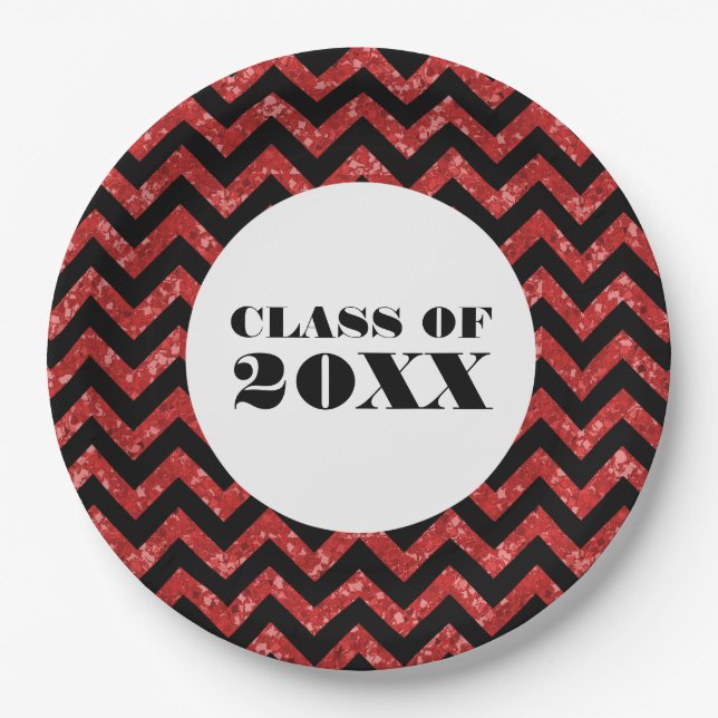 Red Chevron Glitter Graduation Paper Plates (Front)