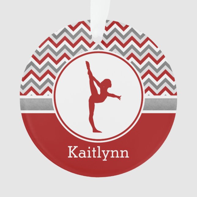 Red Chevron Gymnast Personalised w/ Monogram Ornament (Front)