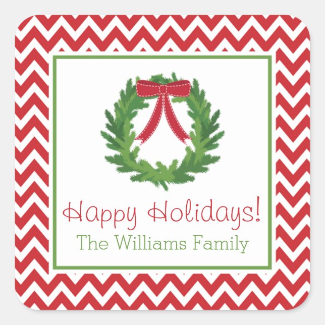 Red Chevron Holiday Wreath, Christmas Sticker (Front)