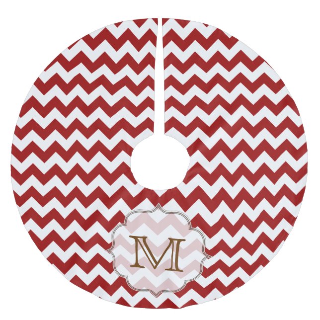 Red Chevron Stripe Zig Monogram Initial Tree Skirt (Front)