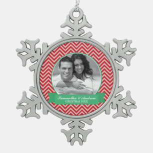 Red Chevrons Pattern Custom Photo Snowflake Pewter Christmas Ornament