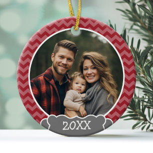 Red chevrons photo frame with year ceramic ornament