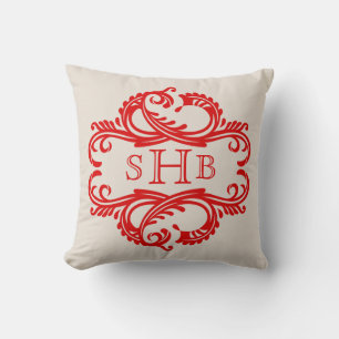 Red Chic Damask Monogram Pillow