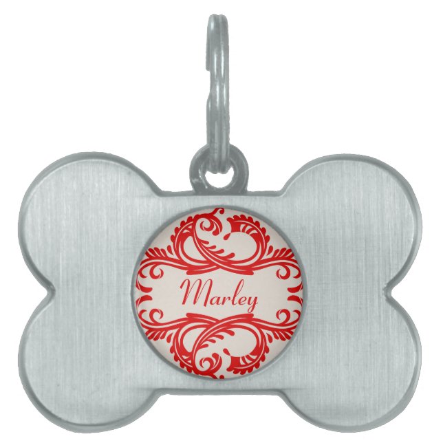 Red Chic Damask Pet Tag (Front)
