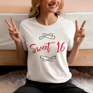 Red Chic Doodle Modern Script Sweet 16 T-Shirt