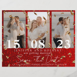Red Chic Glitter Photo Collage Save the Date Card