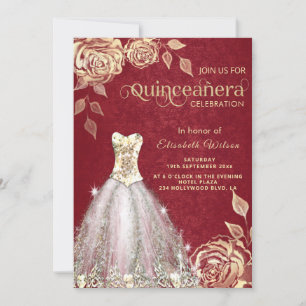 Red chic Gold roses trendy  dress Quinceañera Invitation