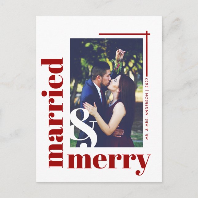 Red Chic Married and Merry Photo Christmas Holiday Postcard (Front)