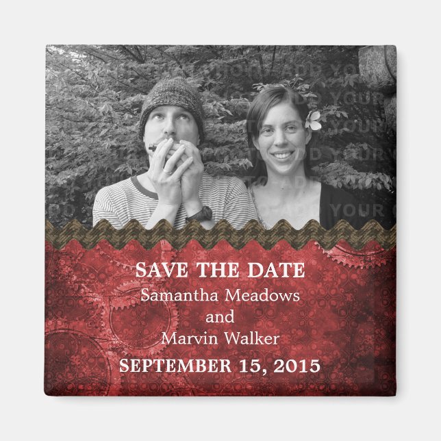 Red Chic Steampunk Photo Save the Date Magnet (Front)