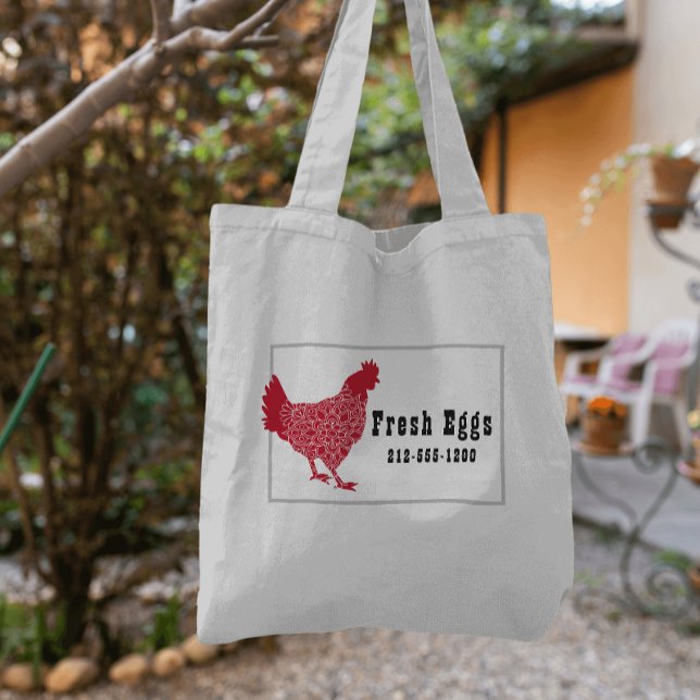 Red Chicken Fresh Eggs  Tote Bag (Fun budget tote bag and a great way to advertise your small farm business!)
