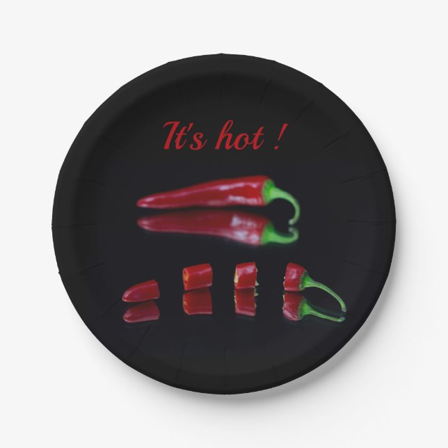 Red chilli on black photo with text paper plate (Front)