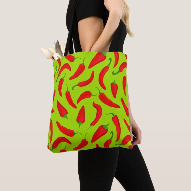 Red Chilli Pepper Funky Green Tote Bag (Close Up)