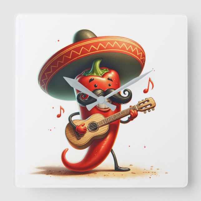 Red Chilli Pepper Musician Square Wall Clock (Front)