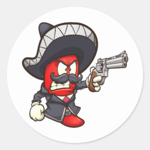 red chilli pepper with a mariachi outfit and a rev classic round sticker
