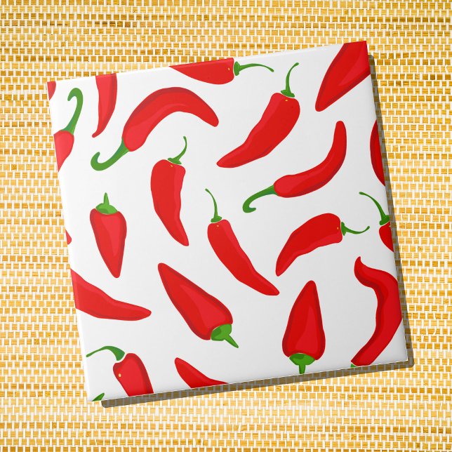 Red Chilli Peppers on White Ceramic Tile (Red Chilli Pepper Patterned Ceramic Wall Tile)