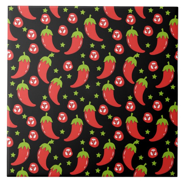 Red Chilli Peppers Pattern  Ceramic Tile (Front)