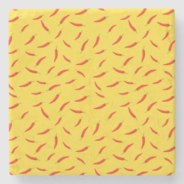 Red Chilli Peppers Pattern Stone Coaster (Front)