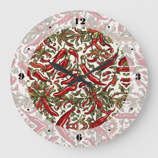 Red Chilli Peppers Vintage Pattern  Large Clock (Front)