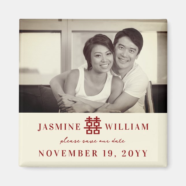 Red Chinese Double Happiness Photo Save The Date Magnet (Front)