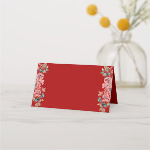 Red Chinese double happiness rustic floral wedding Place Card