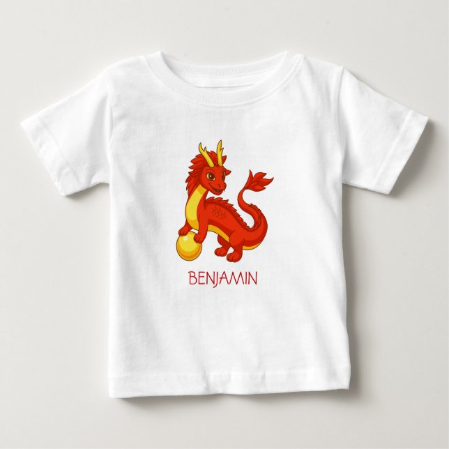 Red Chinese Dragon Custom Name Baby T-Shirt (Front)